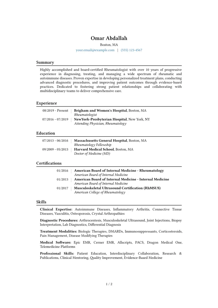 Rheumatologist Resume Example CV template preview