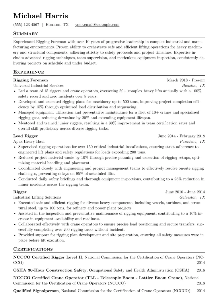 Rigging Foreman Resume Example CV template preview