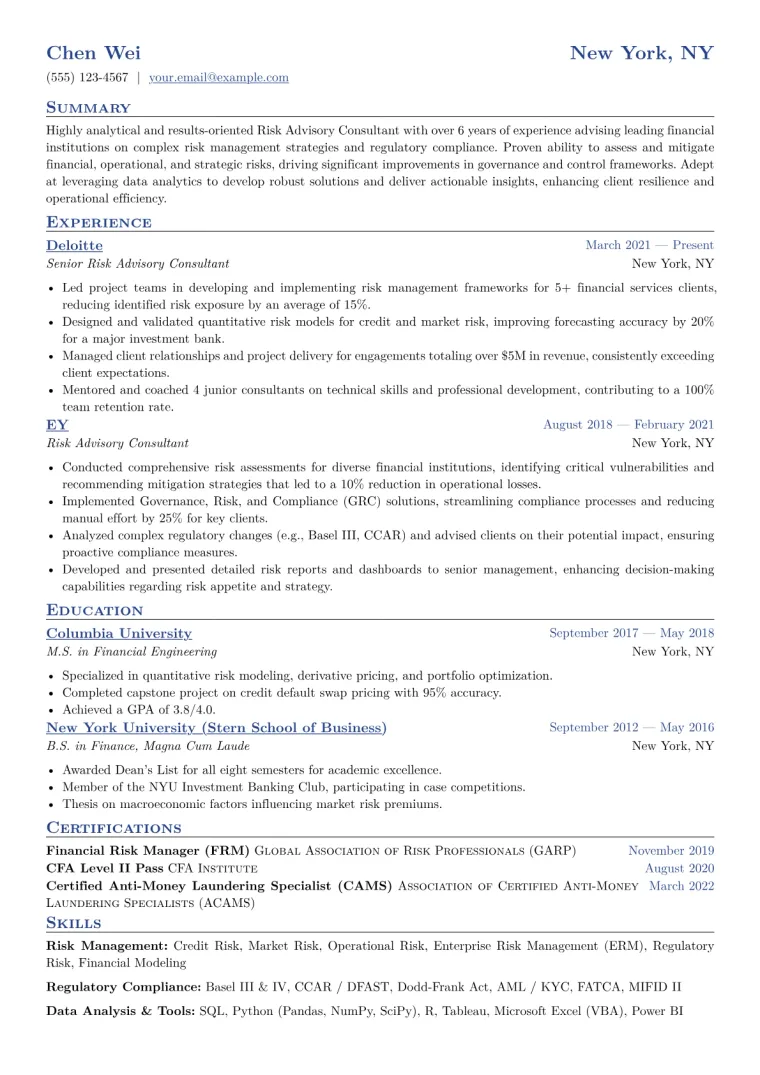 Risk Advisory Consultant Resume Example CV template preview