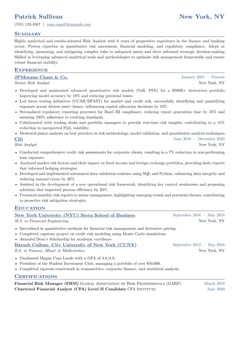 Risk Analyst Resume Example CV template preview