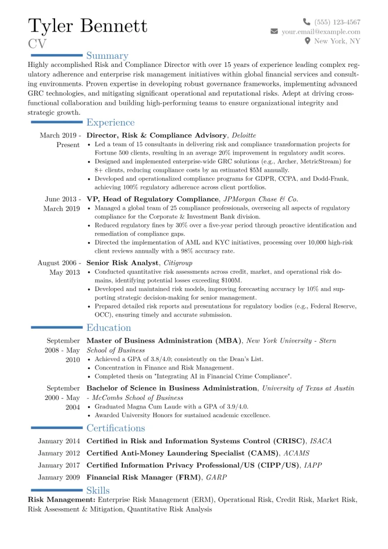 Risk and Compliance Director Resume Example CV template preview