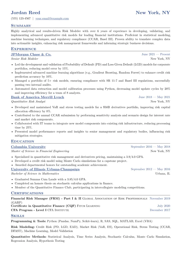 Risk Modeler Resume Example CV template preview