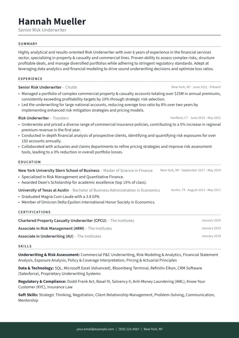 Risk Underwriter Resume Example CV template preview