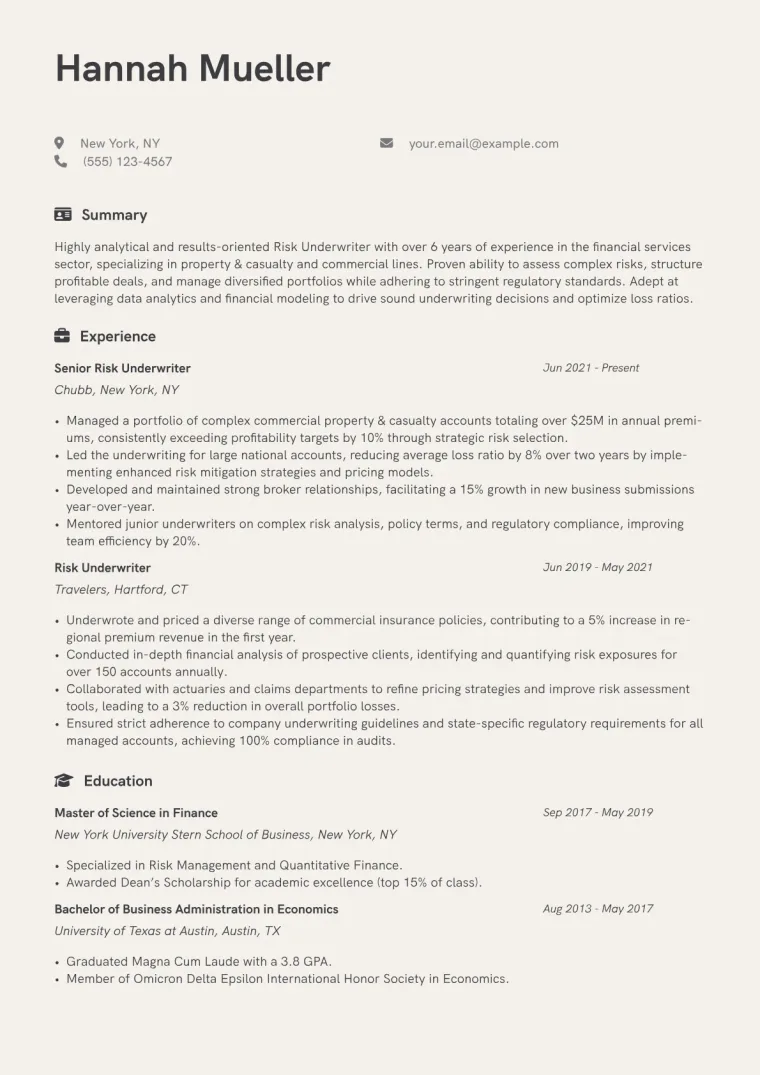 Risk Underwriter Resume Example CV template preview