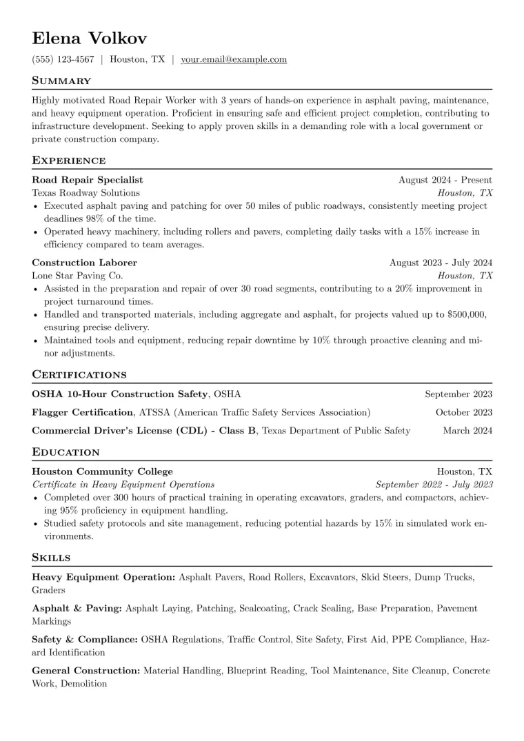 Road Repair Worker Resume Example CV template preview