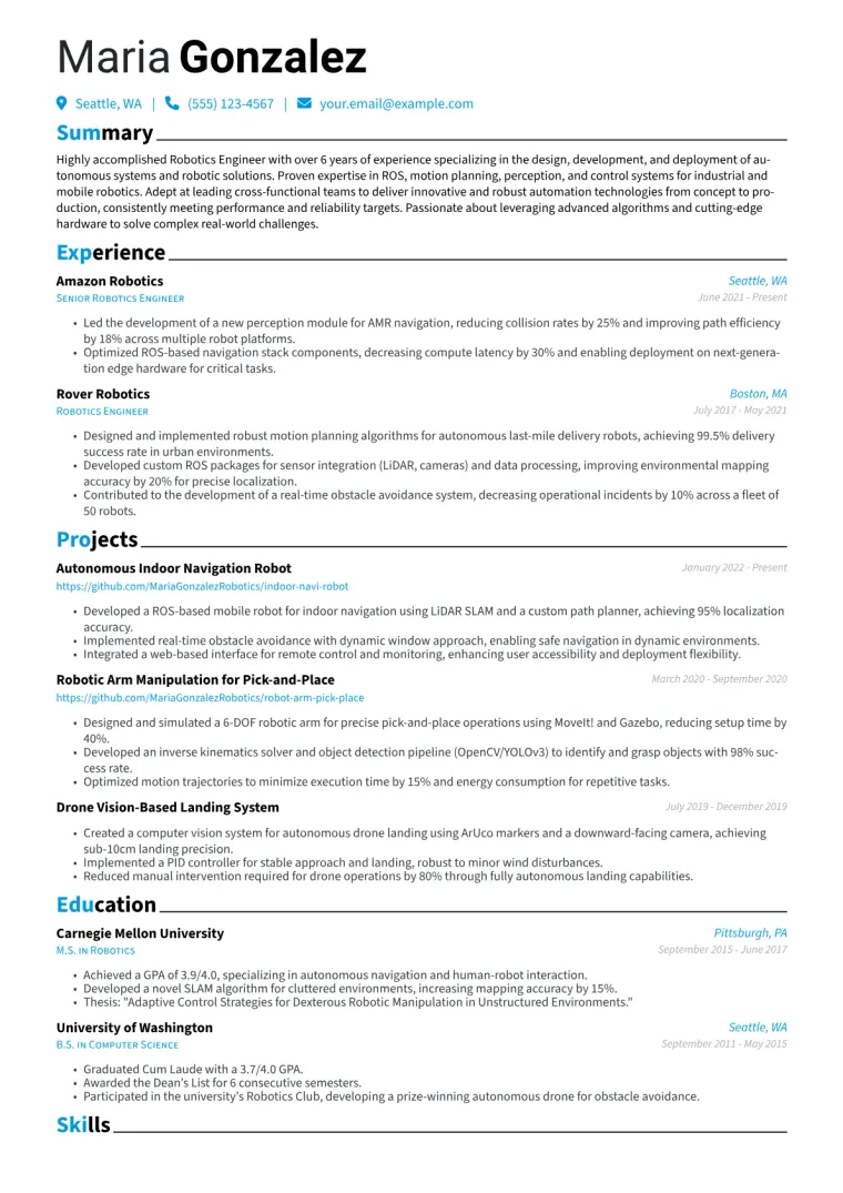 Robotics Engineer Resume Example CV template preview