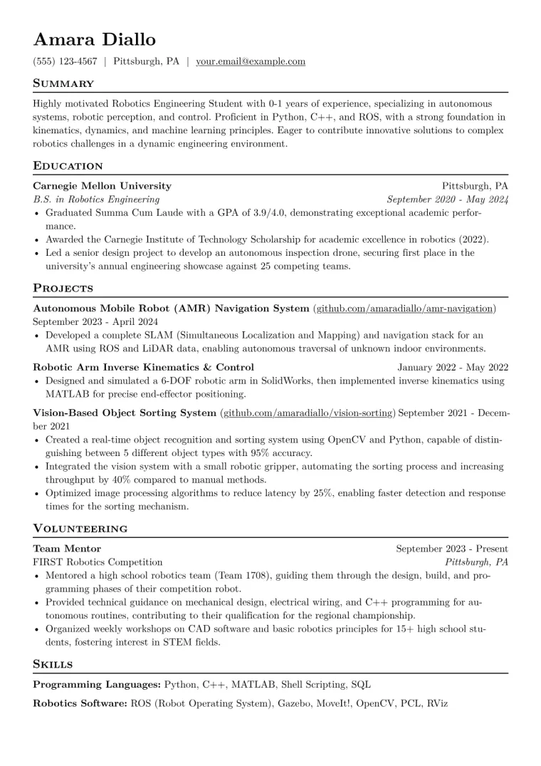 Robotics Engineering Student Resume Example CV template preview