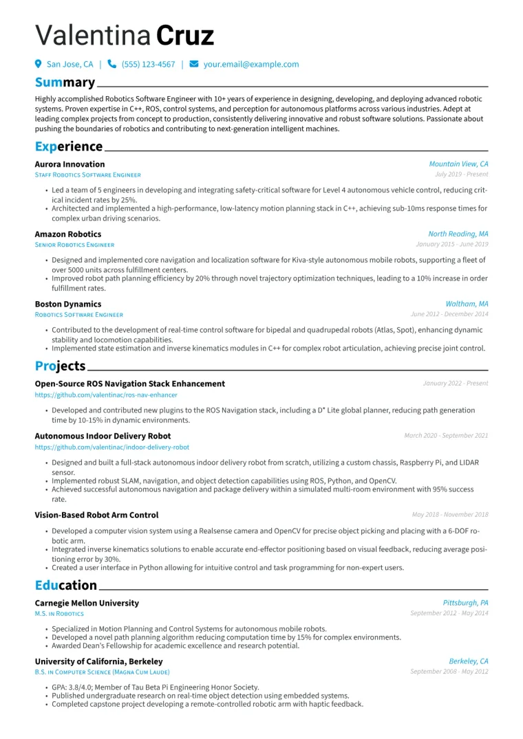 Robotics Software Engineer Resume Example CV template preview