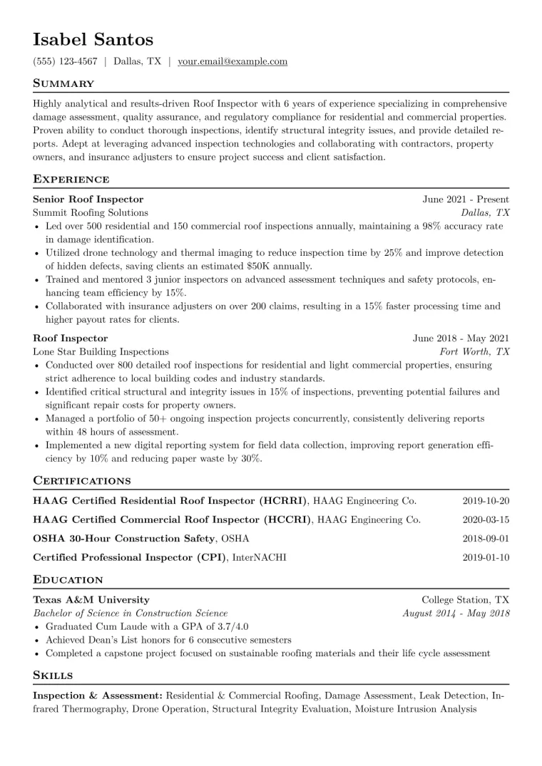 Roof Inspector Resume Example CV template preview