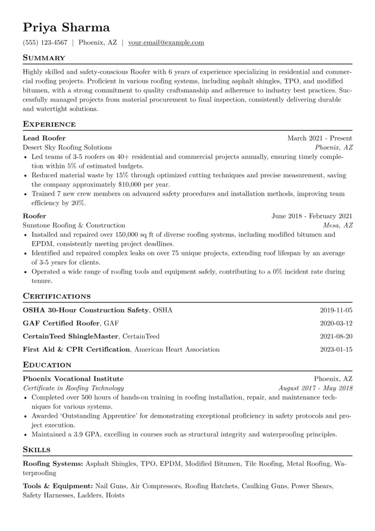 Roofer Resume Example CV template preview