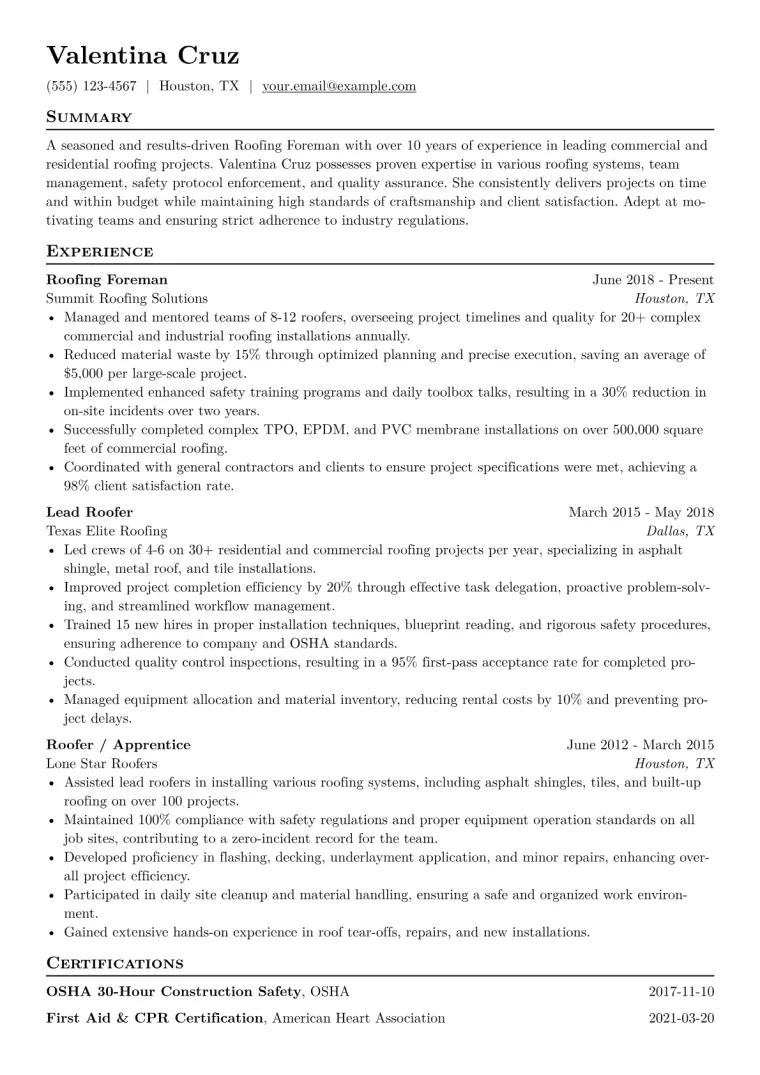 Roofing Foreman Resume Example CV template preview