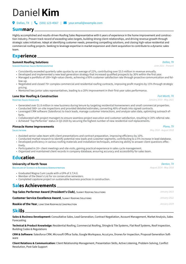 Roofing Sales Representative Resume Example CV template preview