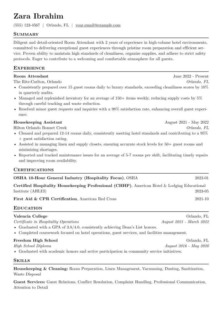 Room Attendant Resume Example preview