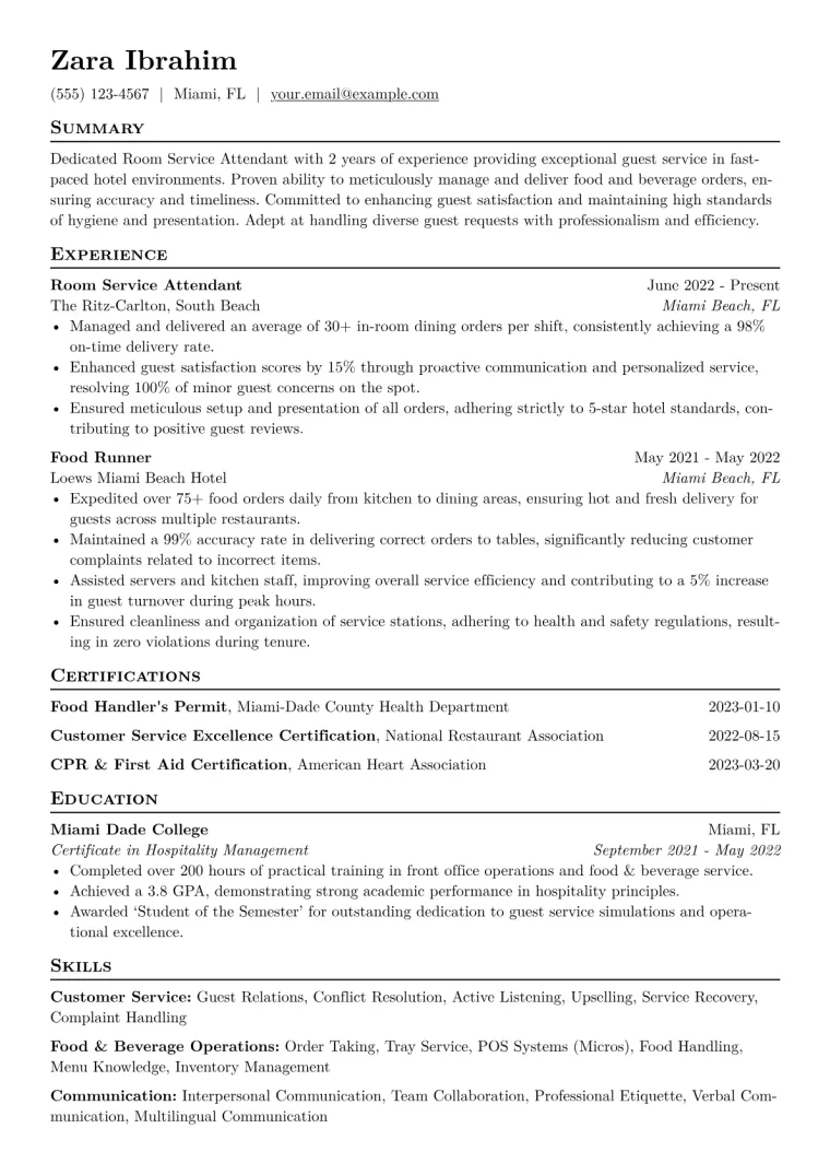 Room Service Attendant Resume Example CV template preview