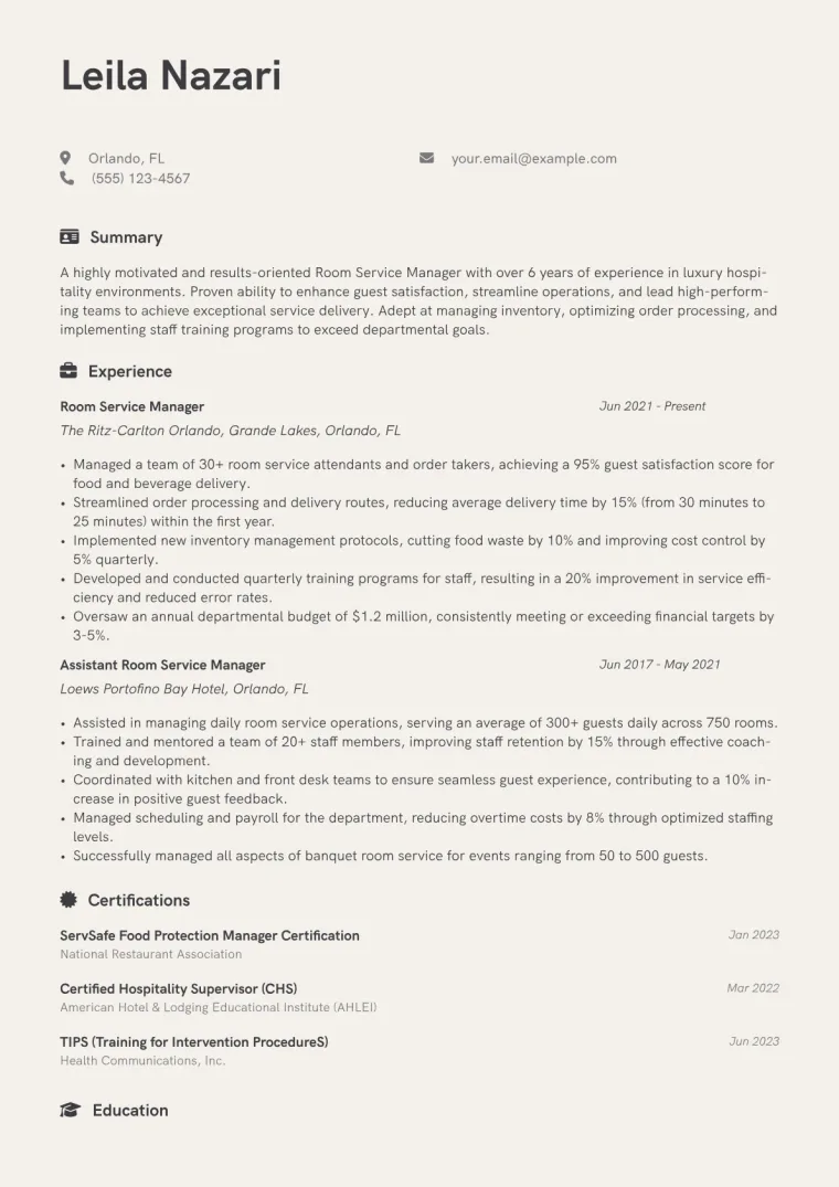 Room Service Manager Resume Example CV template preview