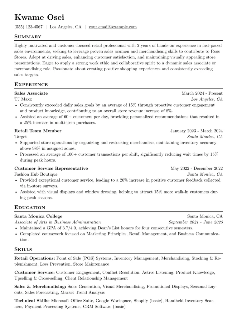Ross Stores Resume Example CV template preview