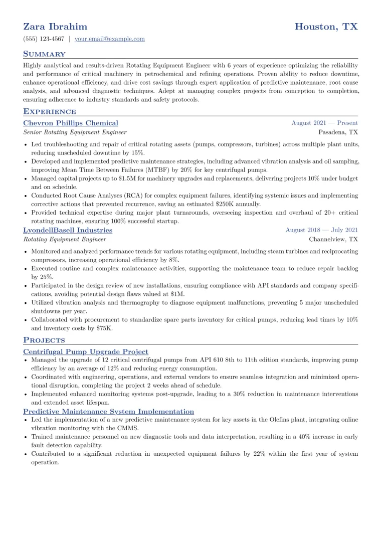 Rotating Equipment Engineer Resume Example CV template preview