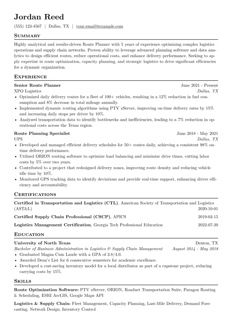 Route Planner Resume Example CV template preview