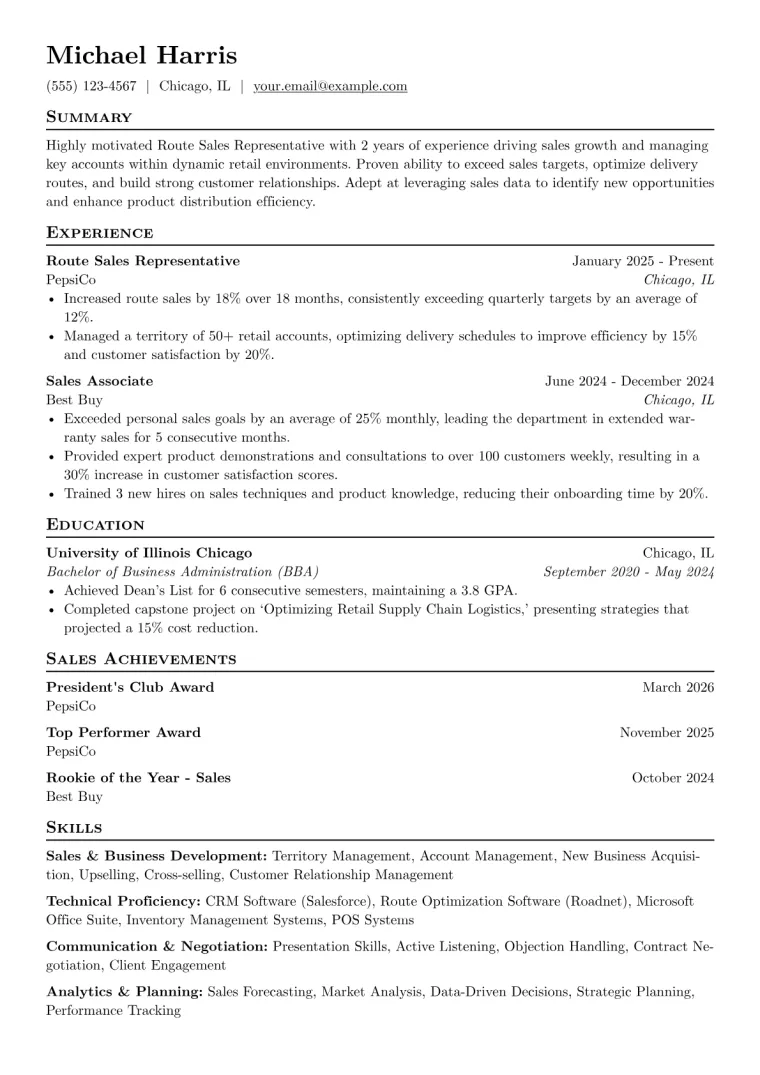 Route Sales Representative Resume Example preview