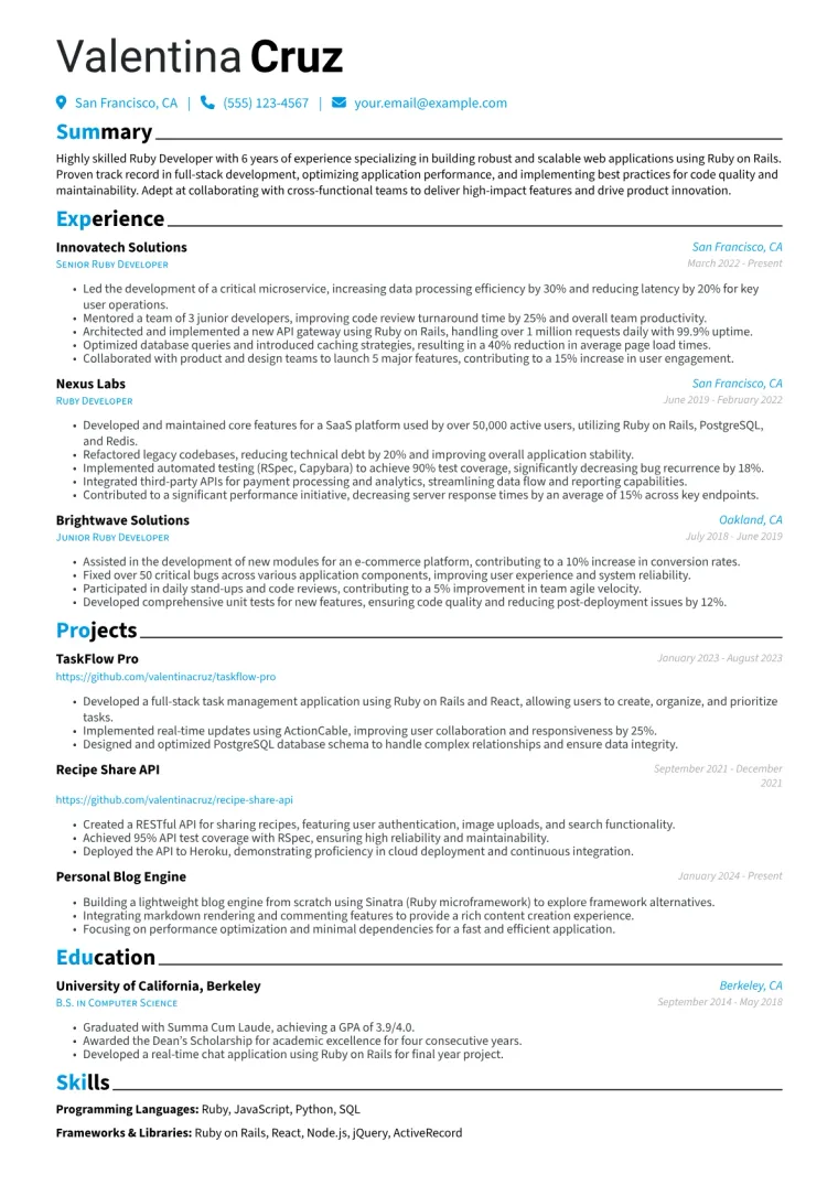 Ruby Developer Resume Example CV template preview