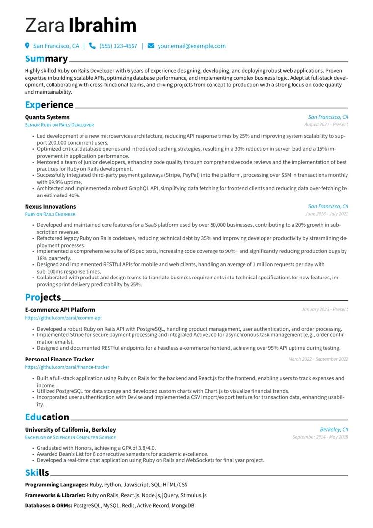 Ruby on Rails Developer Resume Example CV template preview