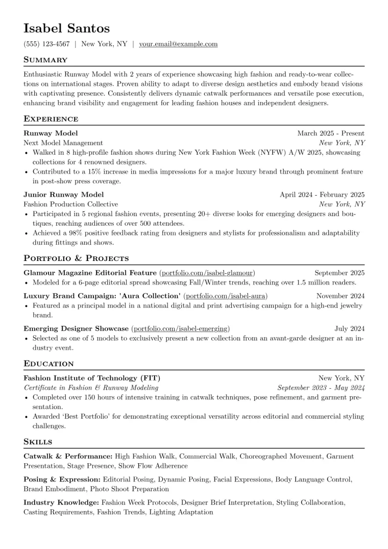 Runway Model Resume Example CV template preview