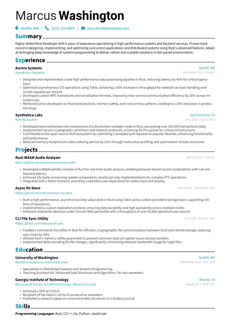 Rust Developer Resume Example CV template preview