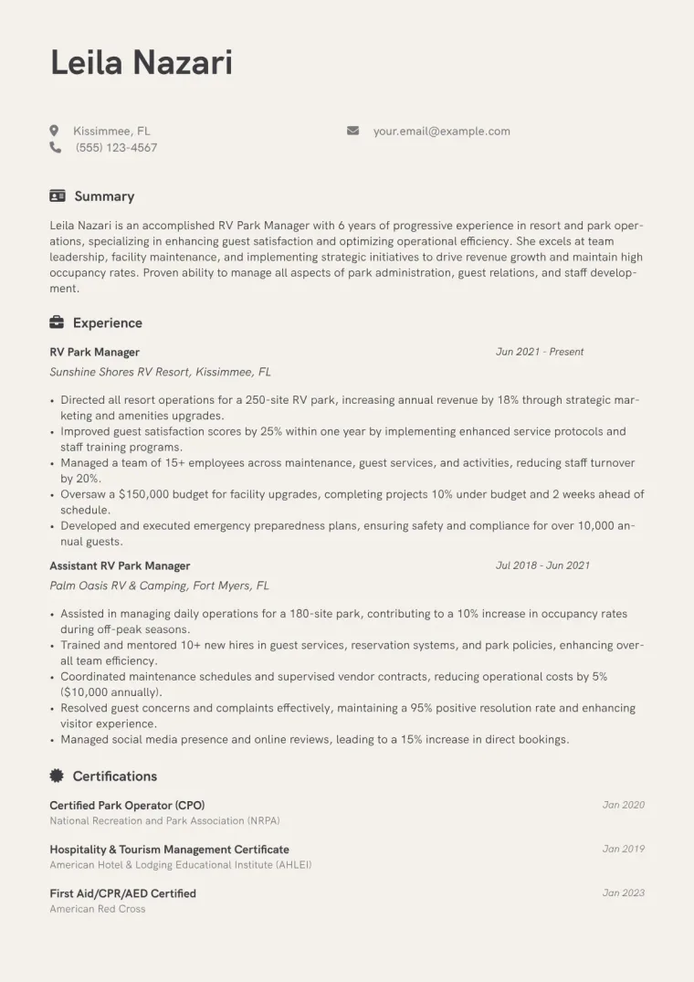 RV Park Manager Resume Example CV template preview