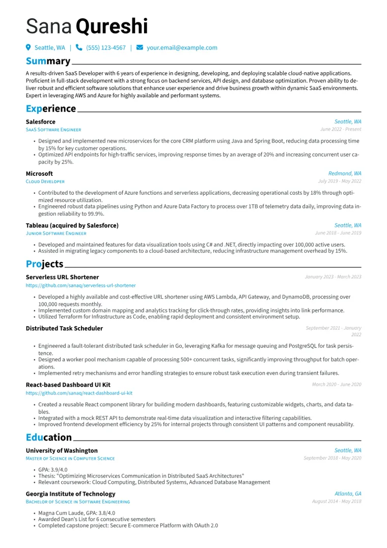 SaaS Developer Resume Example CV template preview
