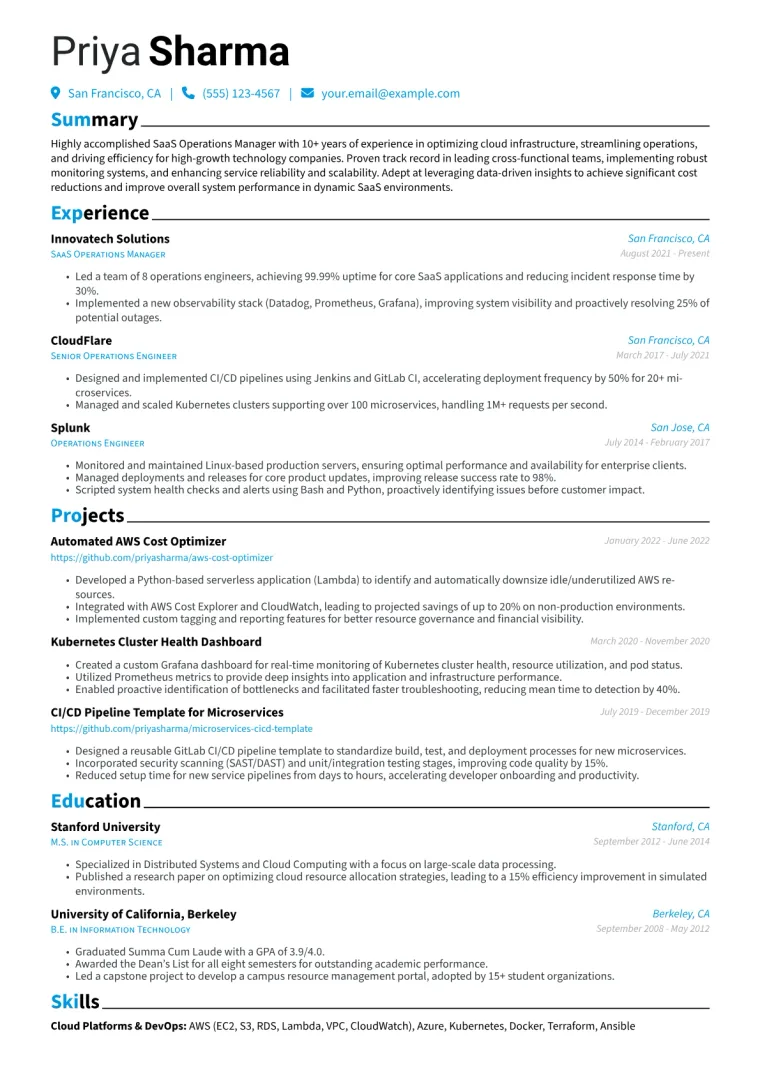 SaaS Operations Manager Resume Example CV template preview