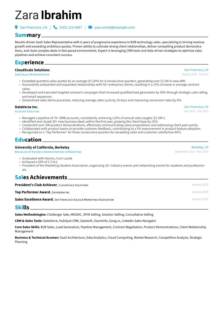 SaaS Sales Representative Resume Example CV template preview