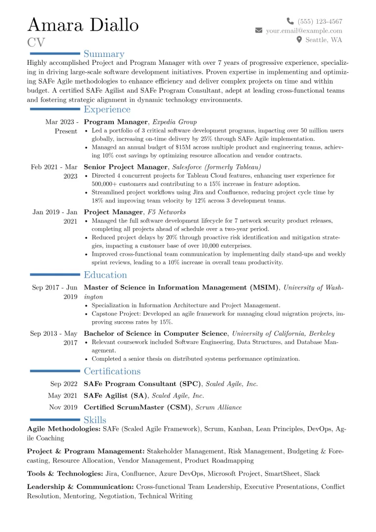 SAFe Agile Practitioner Resume Example CV template preview