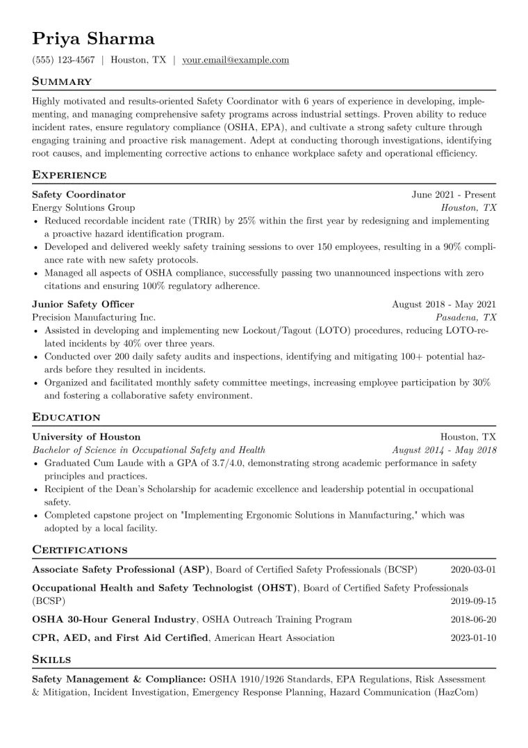 Safety Coordinator Resume Example CV template preview