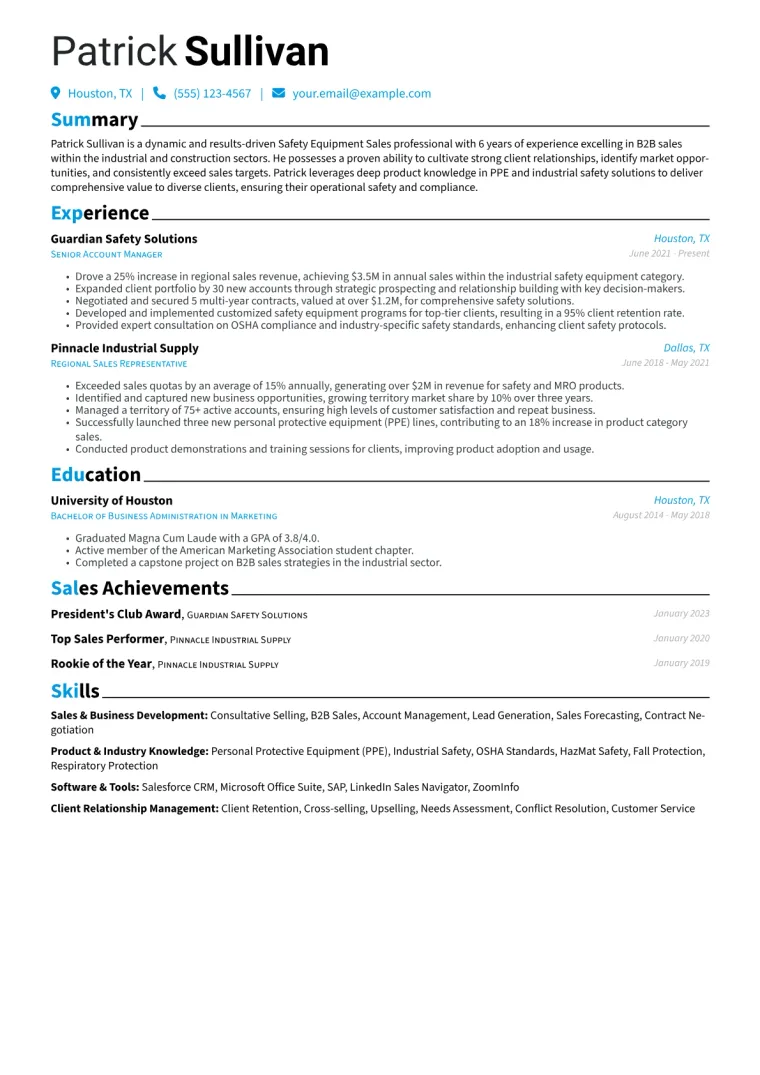Safety Equipment Sales Resume Example CV template preview