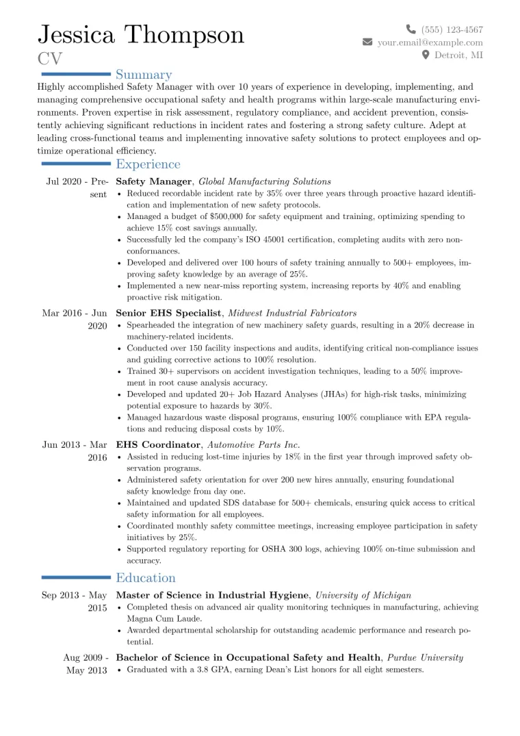 Safety Manager Resume Example