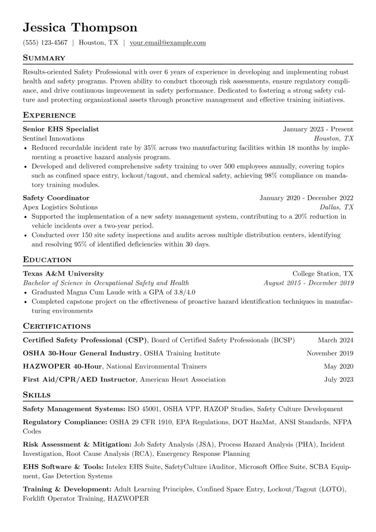 Safety Professional Resume Example CV template preview