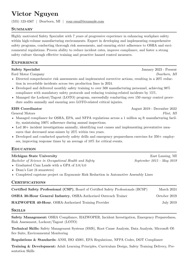 Safety Specialist Resume Example CV template preview