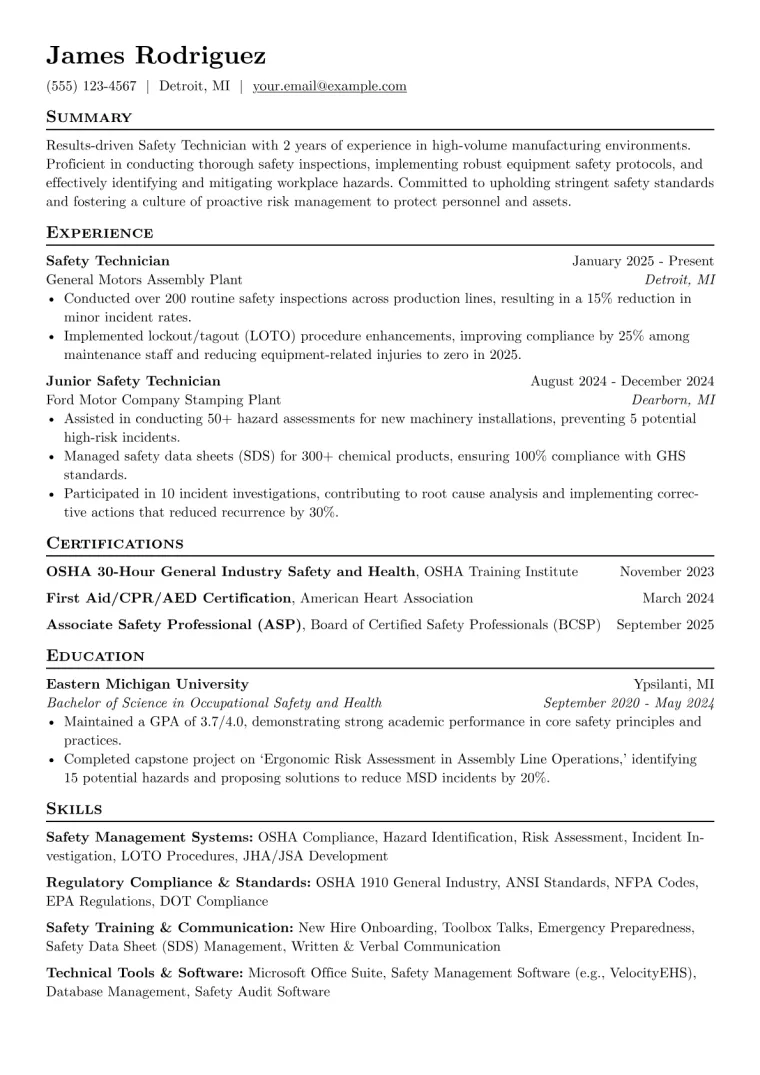 Safety Technician Resume Example CV template preview