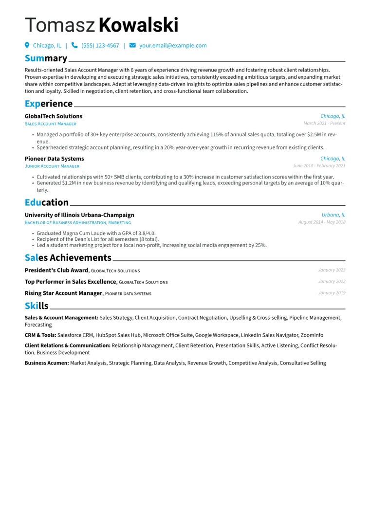 Sales Account Manager Resume Example CV template preview