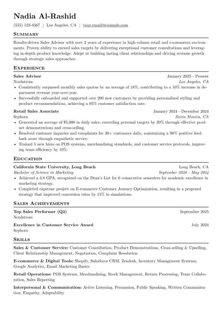 Sales Advisor Resume Example CV template preview