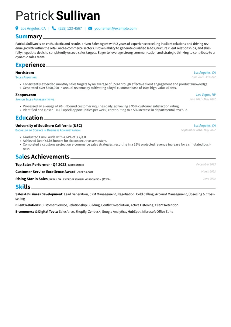 Sales Agent Resume Example CV template preview