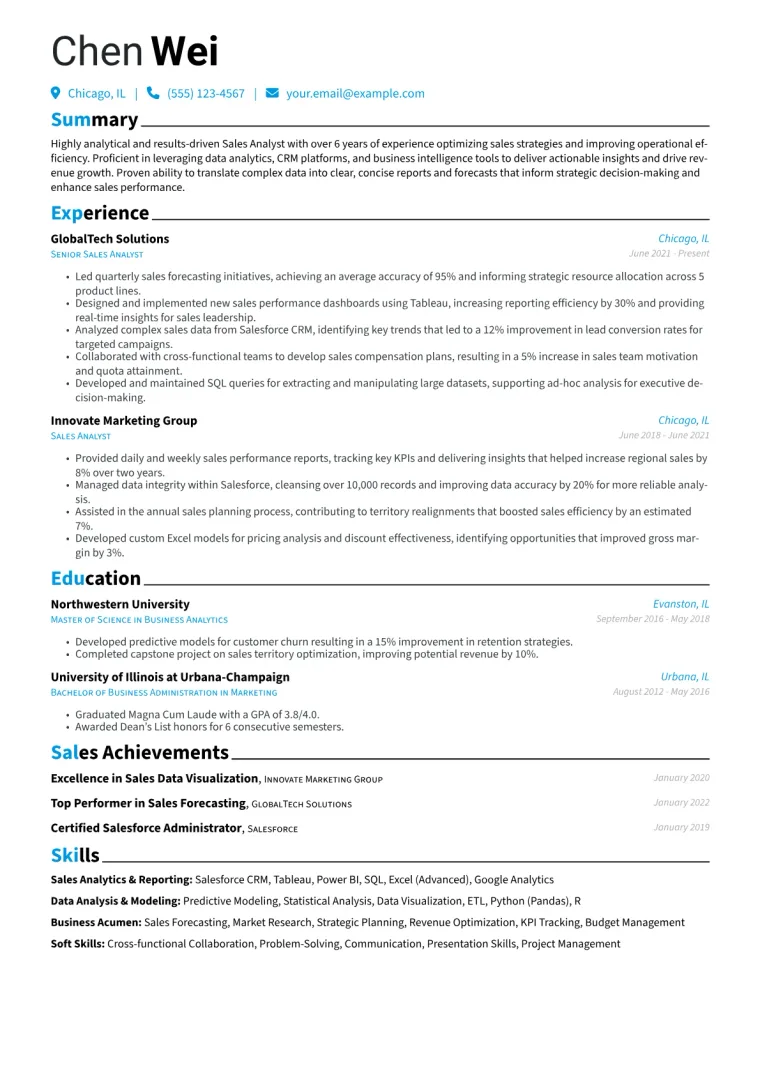 Sales Analyst Resume Example CV template preview