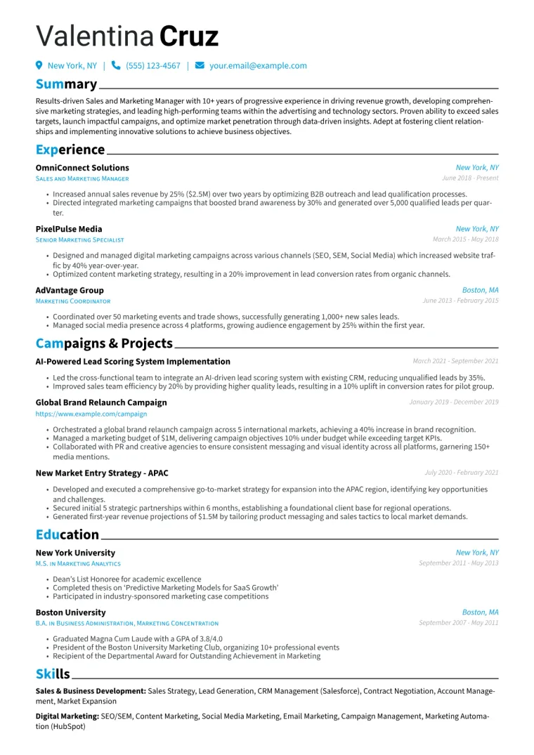 Sales and Marketing Manager Resume Example CV template preview