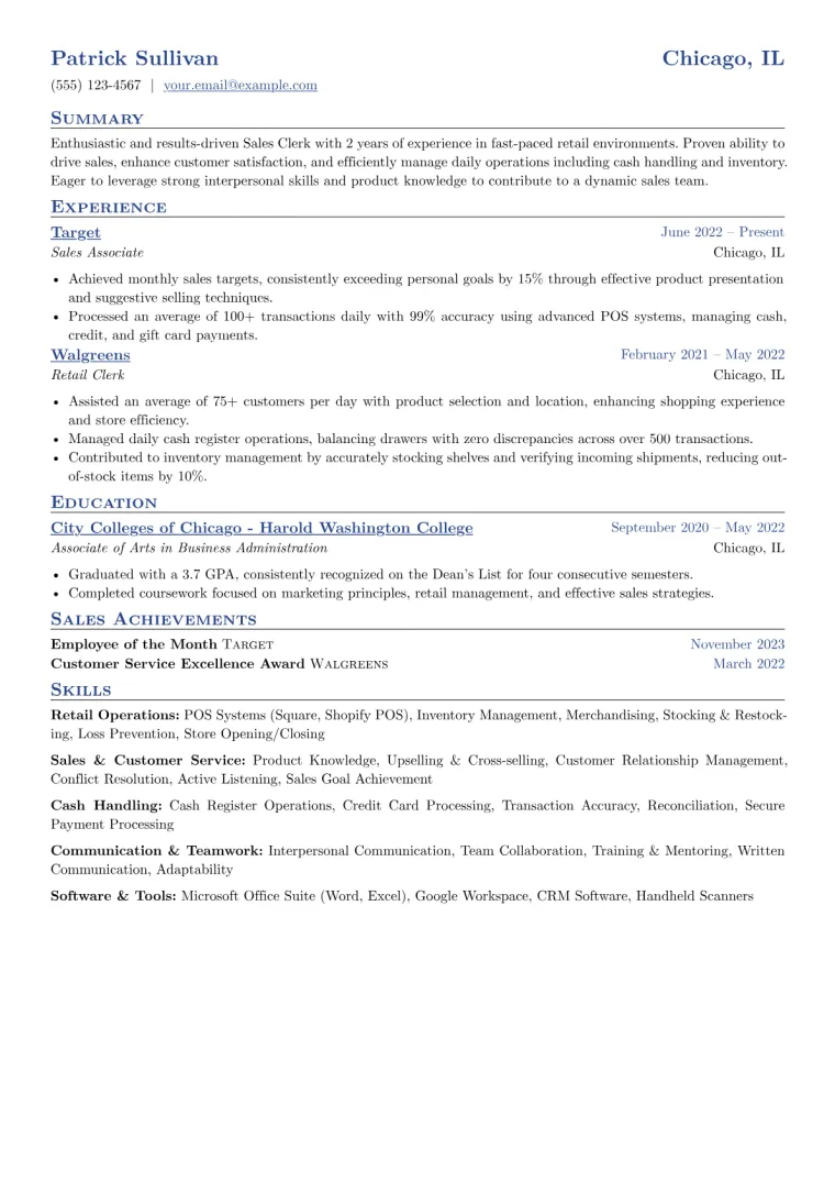 Sales Clerk Resume Example CV template preview