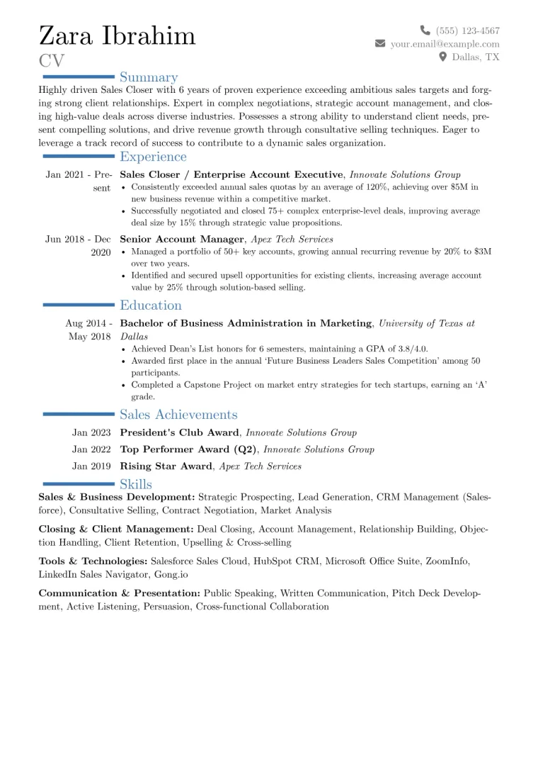 Sales Closer Resume Example CV template preview