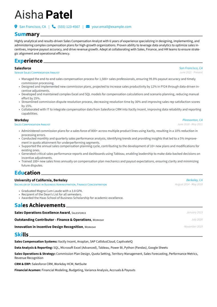 Sales Compensation Analyst Resume Example CV template preview