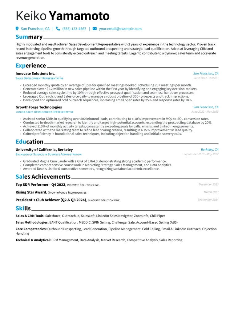 Sales Development Representative Resume Example CV template preview