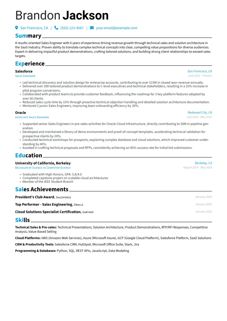 Sales Engineer Resume Example CV template preview