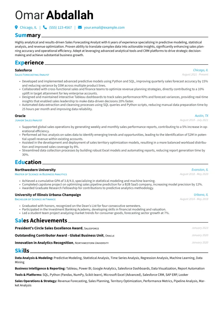 Sales Forecasting Analyst Resume Example CV template preview