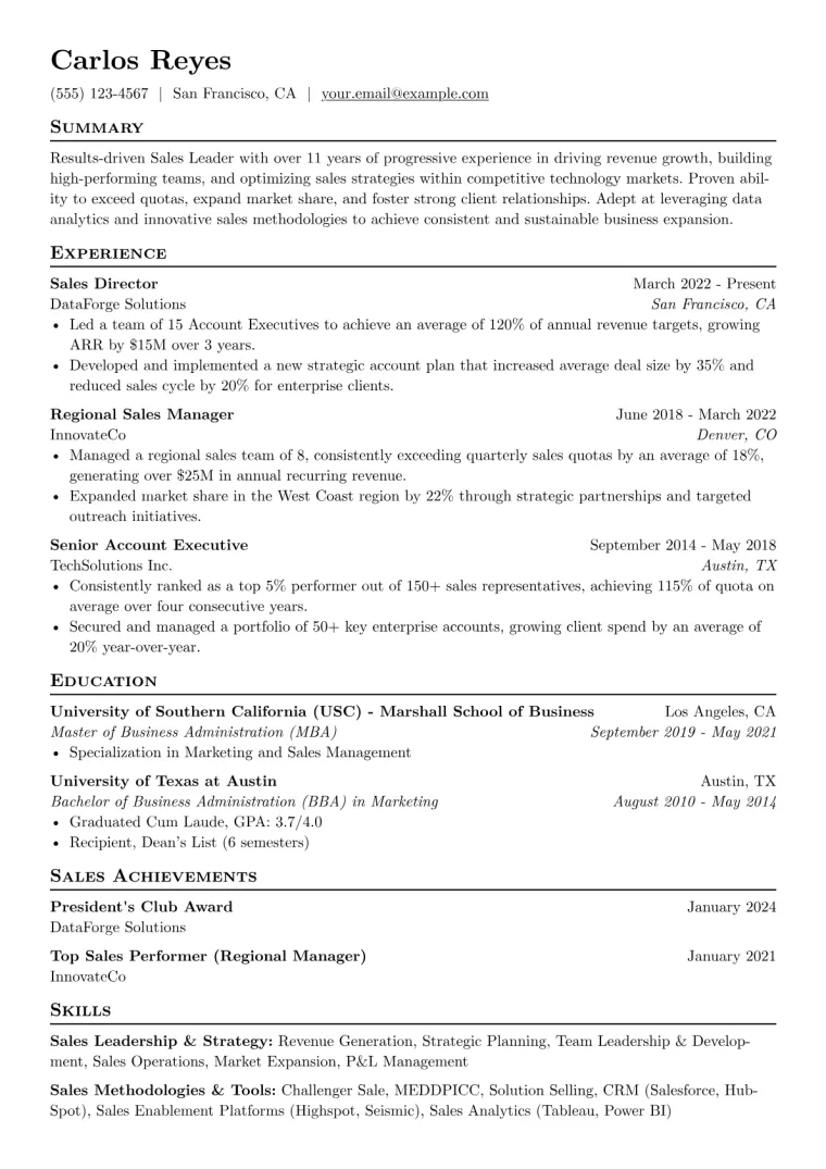 Sales Leader Resume Example preview